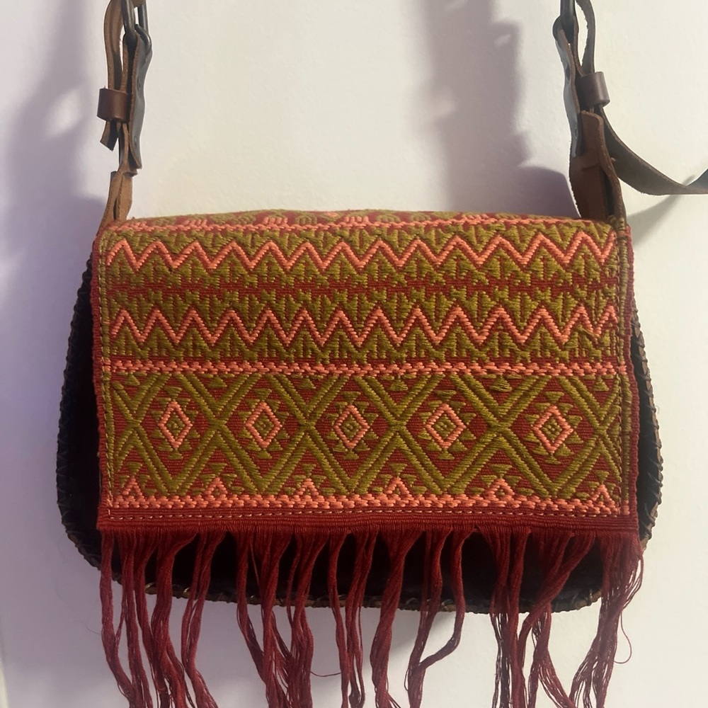 Made In Mexico Brown Leather Fringe Tassel Purse Brown Green Red Embroidery Bag
